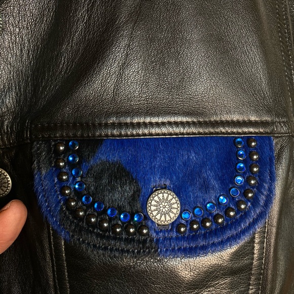 Kippys Black Western Leather Jacket with Blue Calf Hair and Rhinestones Small - Picture 15 of 16